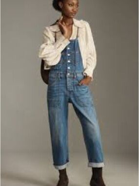 Anthropologie distressed Light Blue Denim Overalls with Copper Buttons